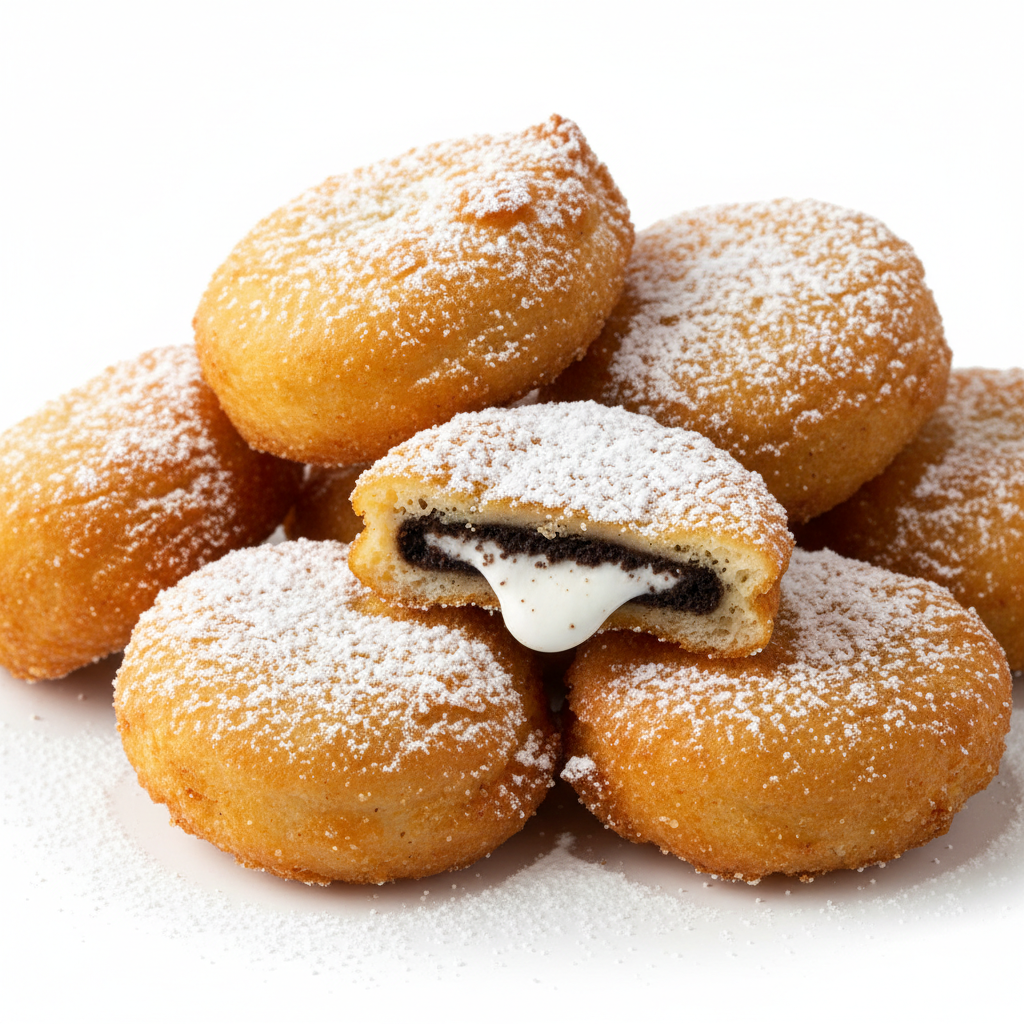 Golden fried Oreos dusted with powdered sugar on a white background