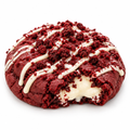 Maple red velvet cookie stuffed with cream cheese, topped with white chocolate drizzle and red velvet cake crumbs